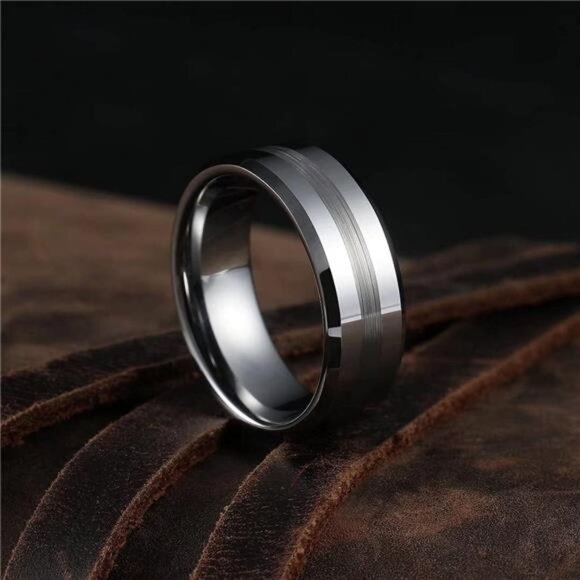 Classic 8mm Tungsten Carbide Ring Black/Silver/Gold Brushed Two Grooved Center - Picture 2 of 7